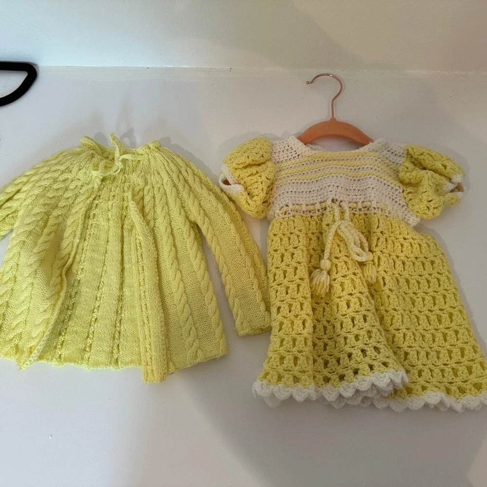 - Girls vintage hand crochet yellow dress and sweater set Easter